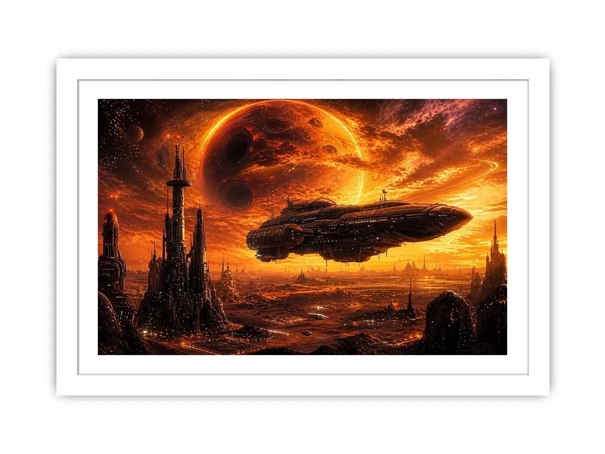 futuristic planet city wall art canvas spaceship sci fi sunset alien landscape orange red decor artwork