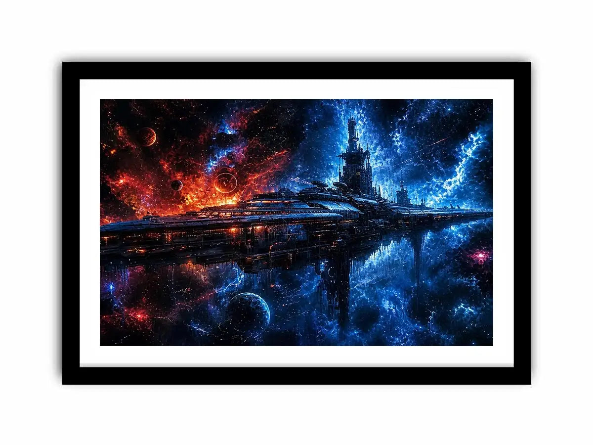 futuristic space station wall art canvas sci fi galaxy spaceship blue red cosmic digital artwork decor