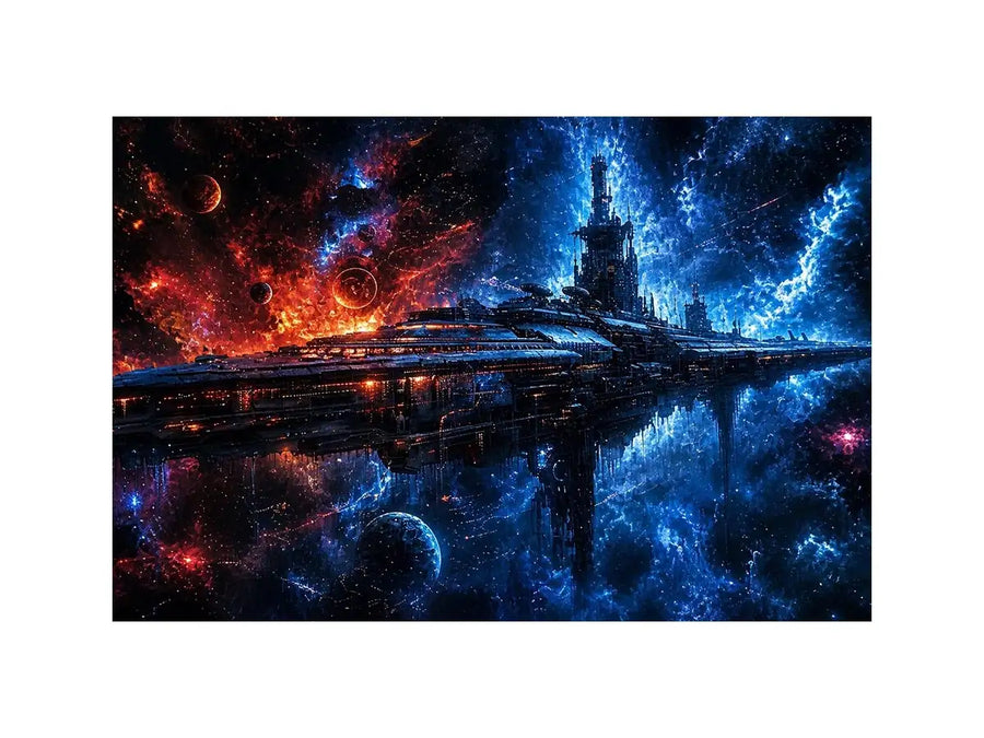 futuristic space station wall art canvas sci fi galaxy spaceship blue red cosmic digital artwork decor