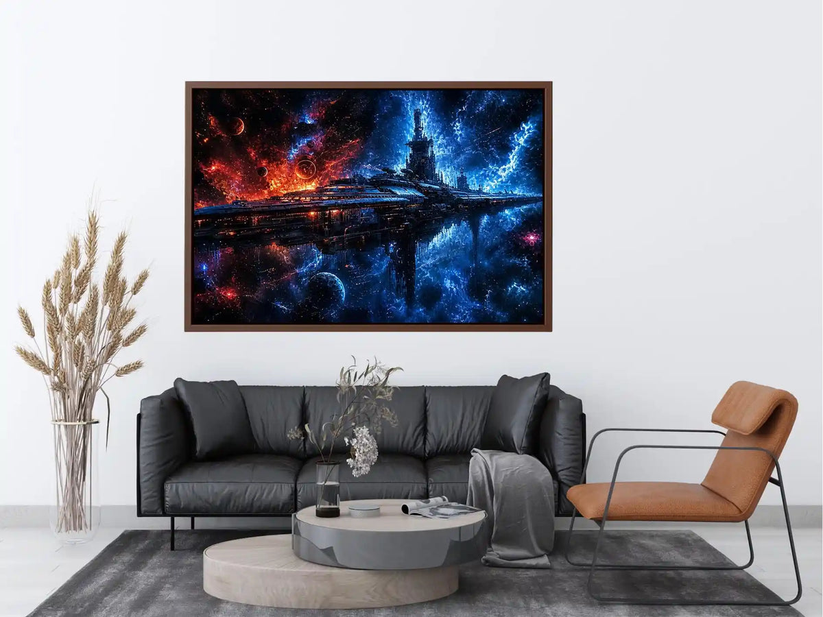 futuristic space station wall art canvas sci fi galaxy spaceship blue red cosmic digital artwork decor