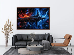 futuristic space station wall art canvas sci fi galaxy spaceship blue red cosmic digital artwork decor