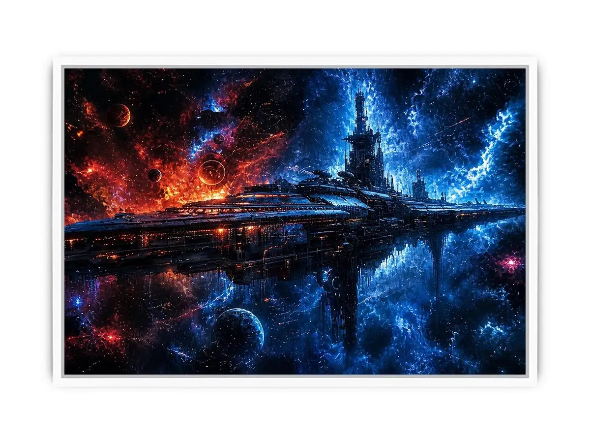 futuristic space station wall art canvas sci fi galaxy spaceship blue red cosmic digital artwork decor