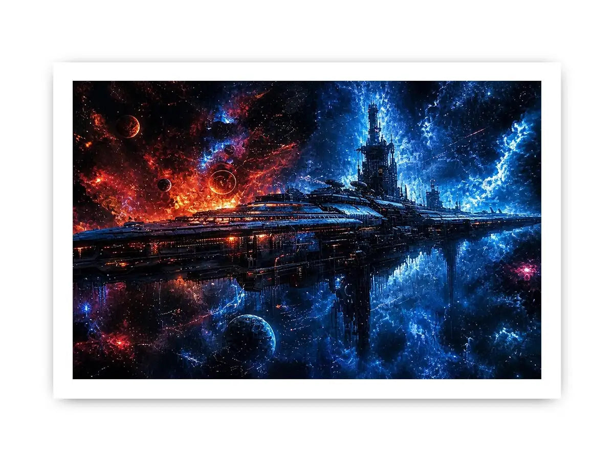 futuristic space station wall art canvas sci fi galaxy spaceship blue red cosmic digital artwork decor
