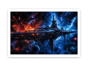 futuristic space station wall art canvas sci fi galaxy spaceship blue red cosmic digital artwork decor