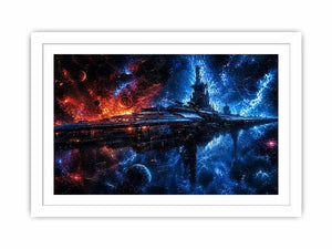 futuristic space station wall art canvas sci fi galaxy spaceship blue red cosmic digital artwork decor