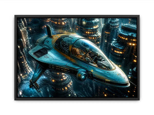 futuristic hovercraft wall art canvas sci fi vehicle city background modern digital artwork blue teal decor