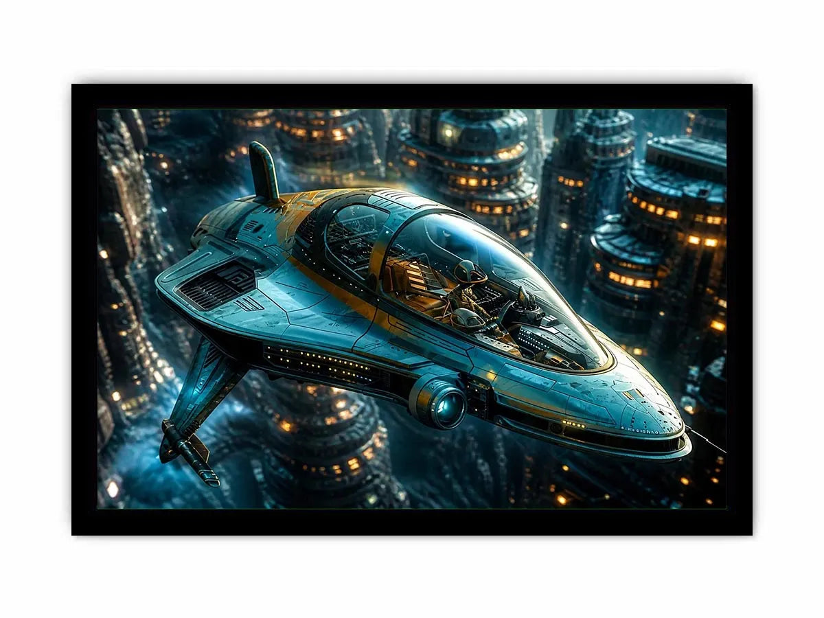 futuristic hovercraft wall art canvas sci fi vehicle city background modern digital artwork blue teal decor
