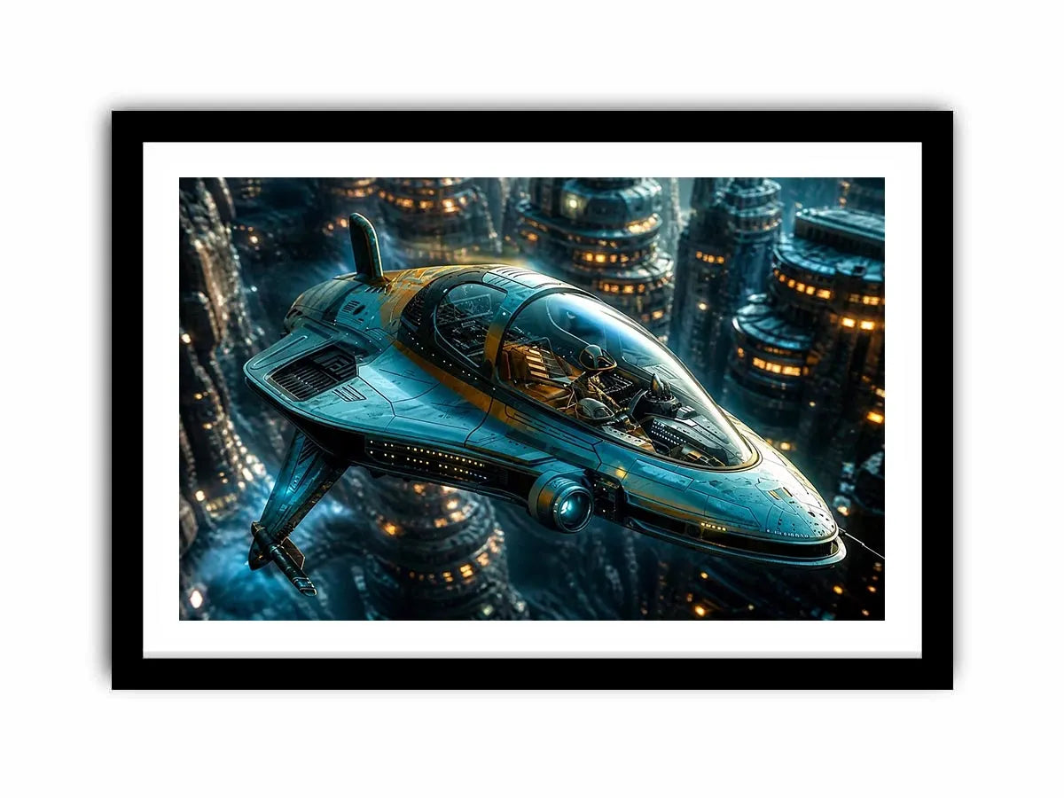 futuristic hovercraft wall art canvas sci fi vehicle city background modern digital artwork blue teal decor