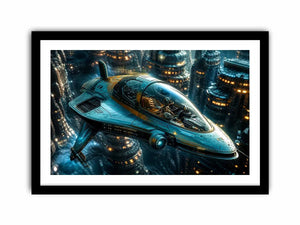 futuristic hovercraft wall art canvas sci fi vehicle city background modern digital artwork blue teal decor