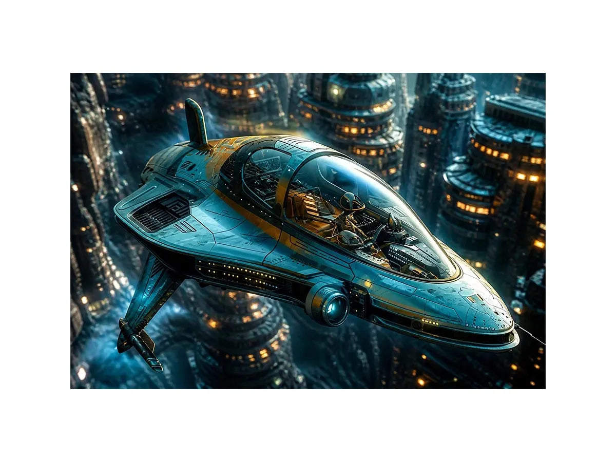 futuristic hovercraft wall art canvas sci fi vehicle city background modern digital artwork blue teal decor