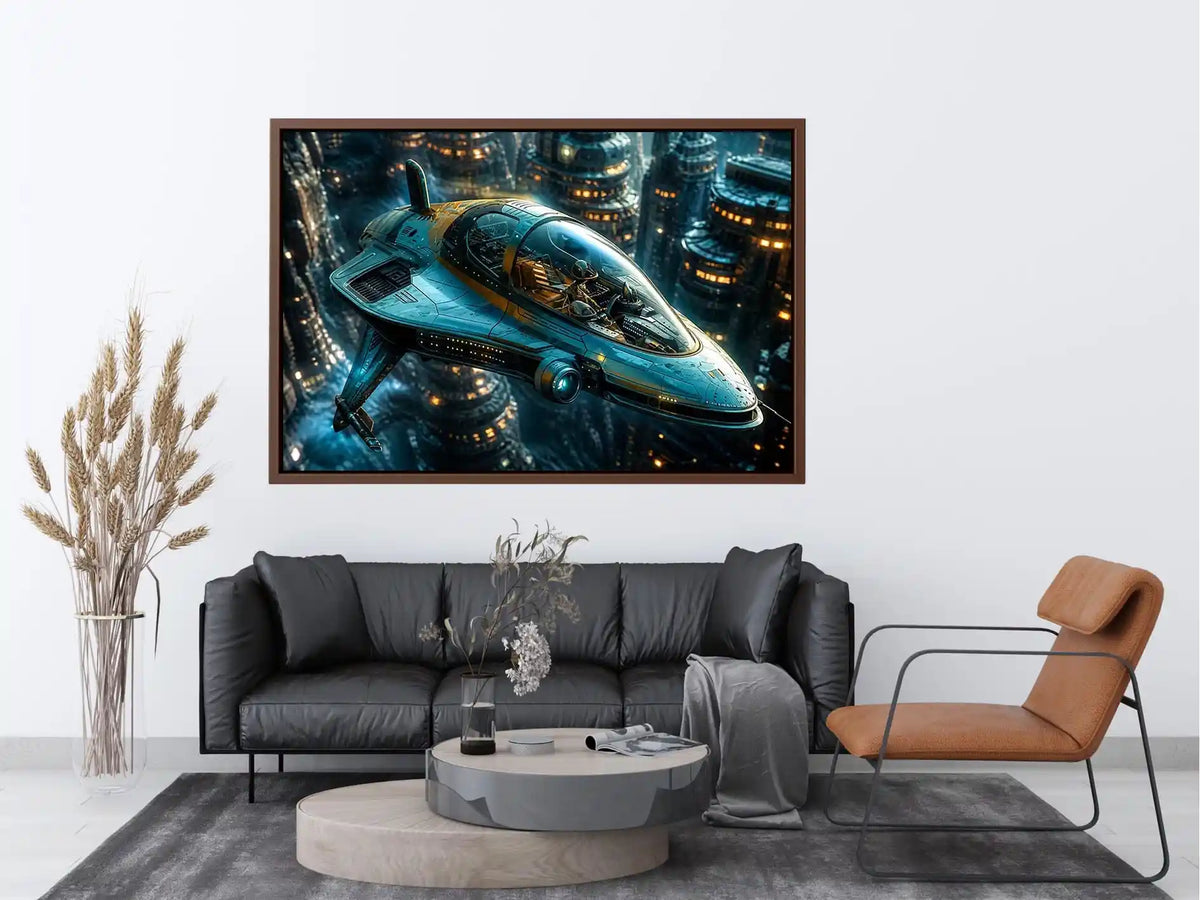 futuristic hovercraft wall art canvas sci fi vehicle city background modern digital artwork blue teal decor