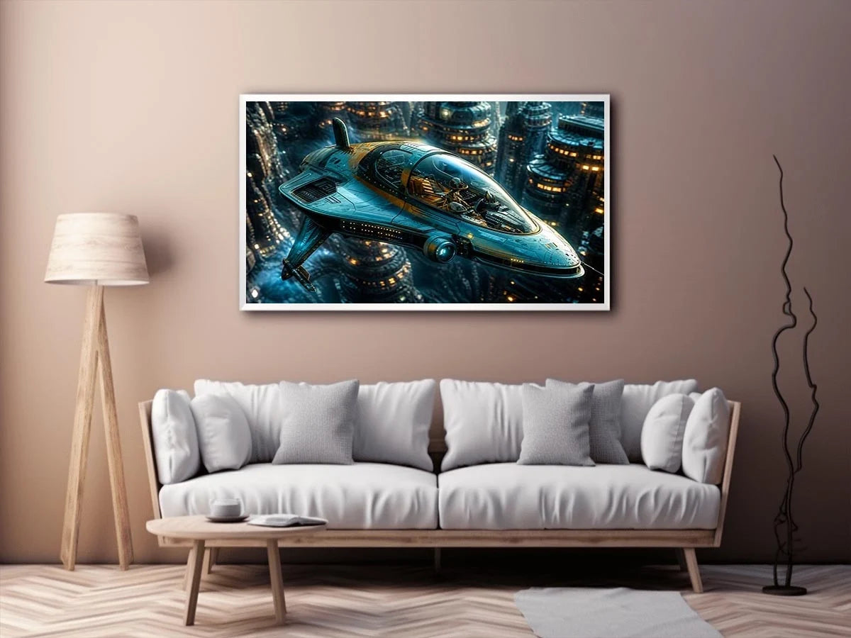 futuristic hovercraft wall art canvas sci fi vehicle city background modern digital artwork blue teal decor