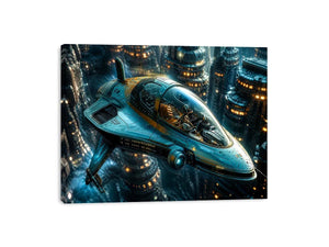 futuristic hovercraft wall art canvas sci fi vehicle city background modern digital artwork blue teal decor