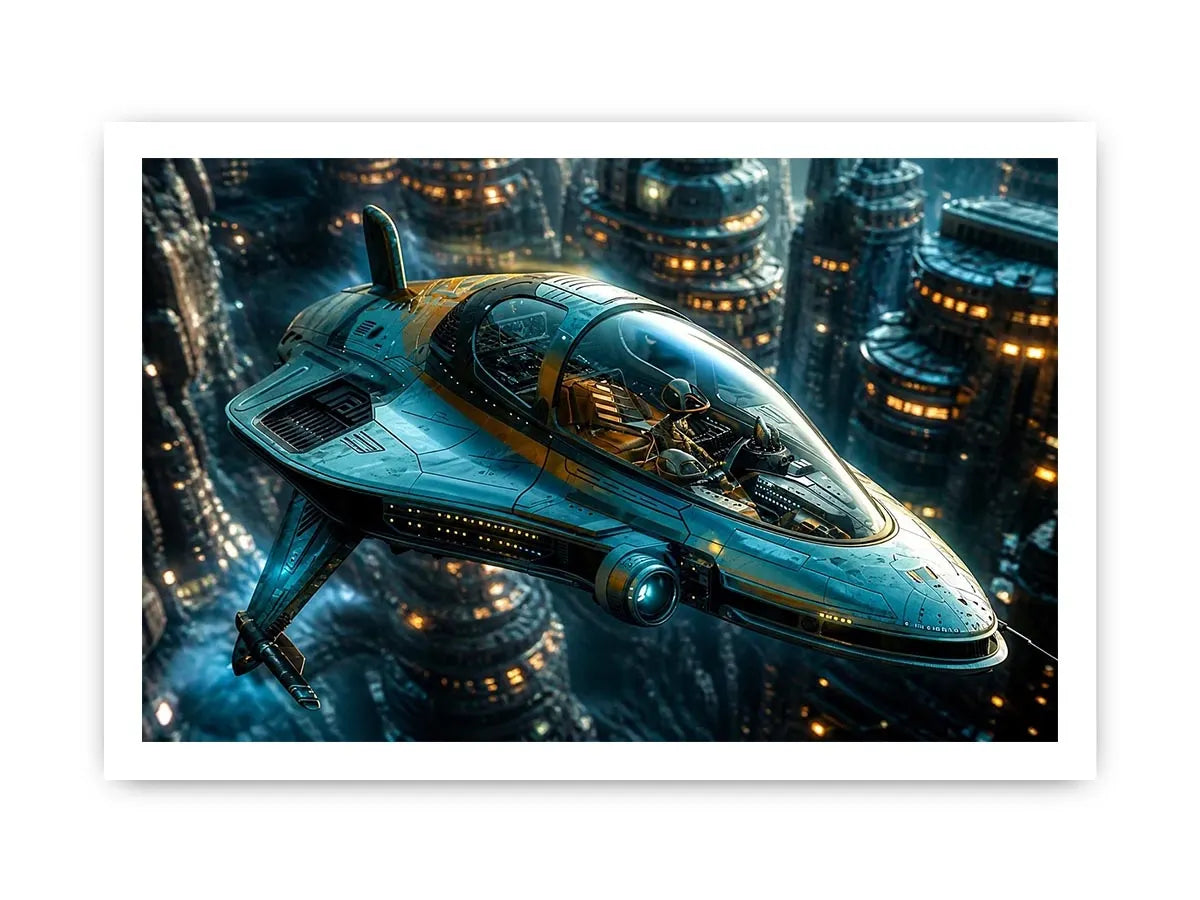 futuristic hovercraft wall art canvas sci fi vehicle city background modern digital artwork blue teal decor