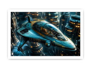 futuristic hovercraft wall art canvas sci fi vehicle city background modern digital artwork blue teal decor