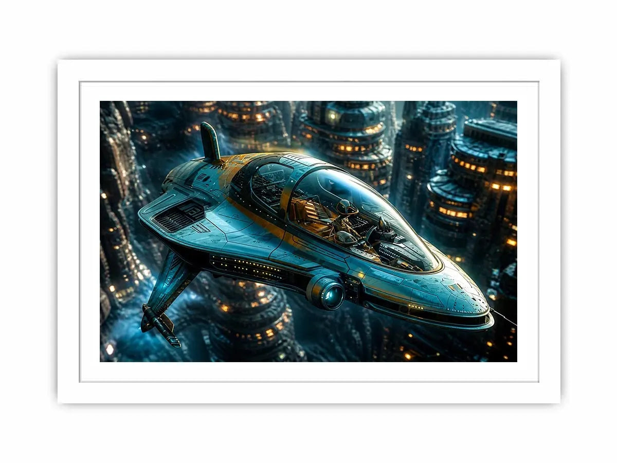 futuristic hovercraft wall art canvas sci fi vehicle city background modern digital artwork blue teal decor