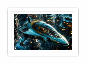 futuristic hovercraft wall art canvas sci fi vehicle city background modern digital artwork blue teal decor