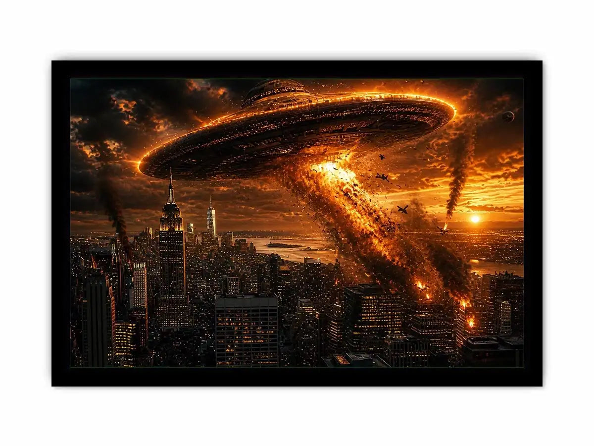 alien invasion wall art canvas spaceship city explosion sci fi apocalypse skyline dramatic artwork decor