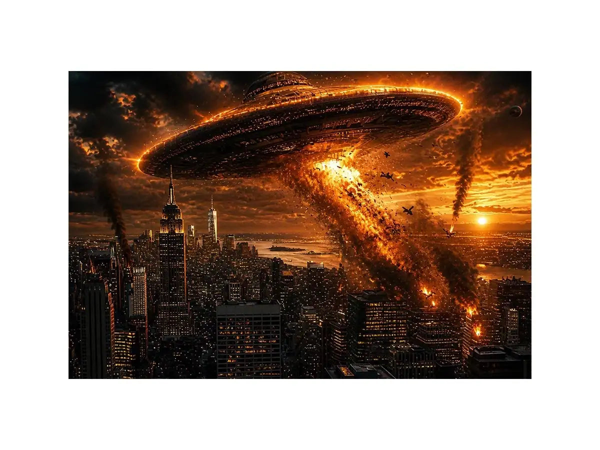 alien invasion wall art canvas spaceship city explosion sci fi apocalypse skyline dramatic artwork decor