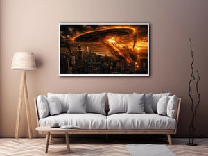 alien invasion wall art canvas spaceship city explosion sci fi apocalypse skyline dramatic artwork decor