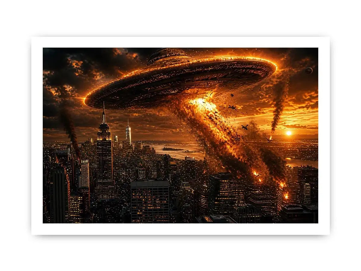 alien invasion wall art canvas spaceship city explosion sci fi apocalypse skyline dramatic artwork decor