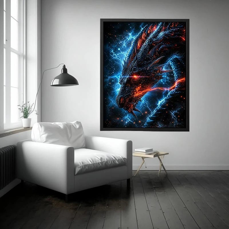 neon dragon wall art canvas fantasy creature glowing blue red sci fi digital artwork modern decor