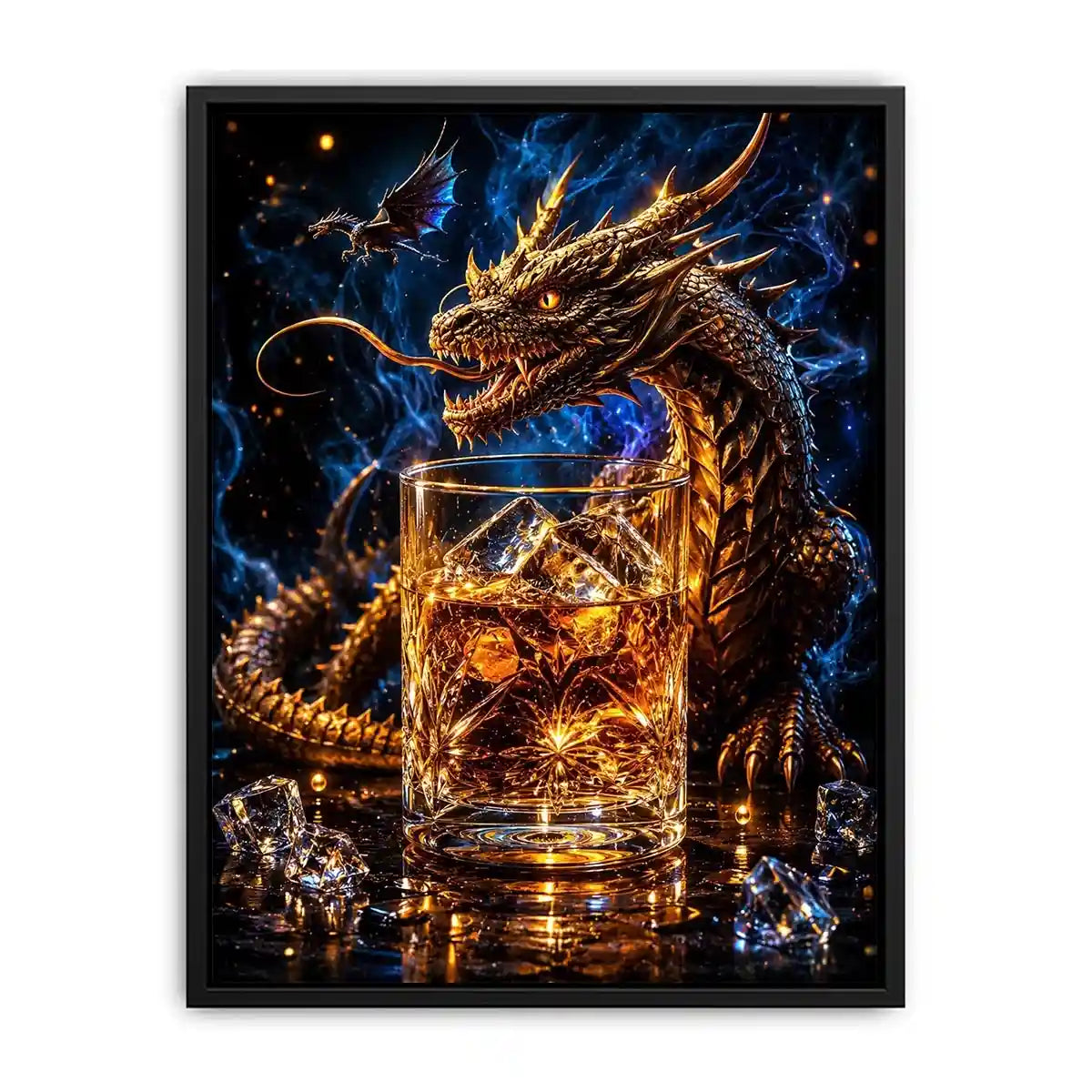 dragon whiskey wall art canvas fantasy creature glowing amber drink luxury gothic decor artwork