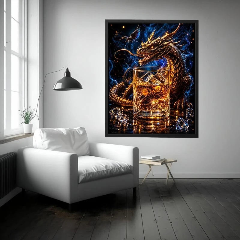 dragon whiskey wall art canvas fantasy creature glowing amber drink luxury gothic decor artwork