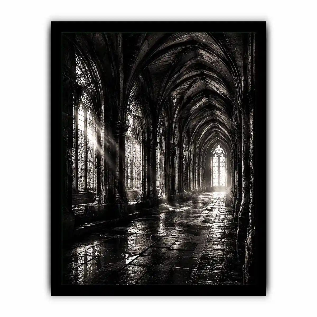 gothic cathedral hallway wall art canvas monochrome architecture dark academia decor black white artwork