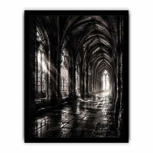 gothic cathedral hallway wall art canvas monochrome architecture dark academia decor black white artwork