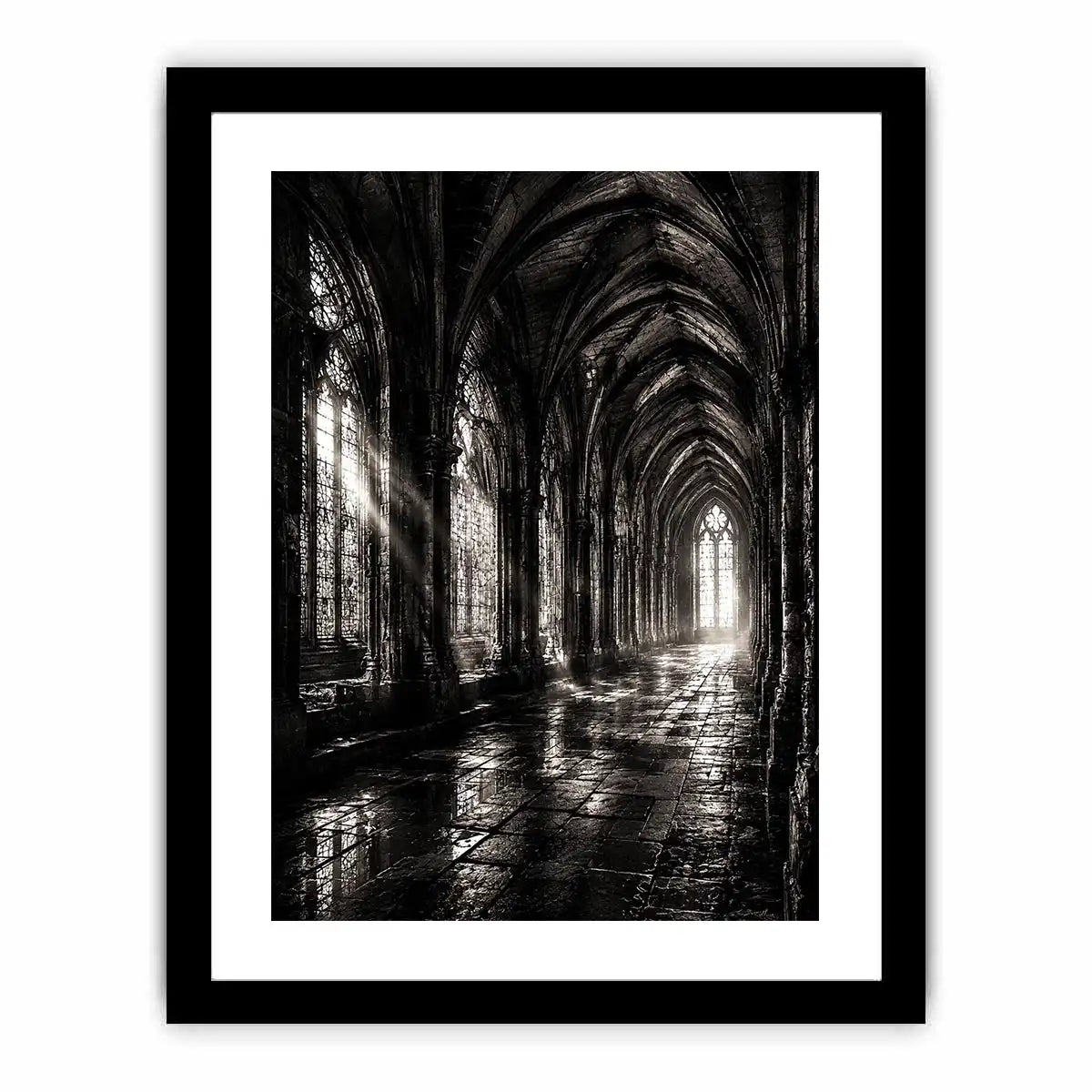 gothic cathedral hallway wall art canvas monochrome architecture dark academia decor black white artwork