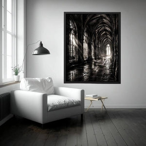 gothic cathedral hallway wall art canvas monochrome architecture dark academia decor black white artwork