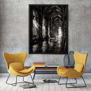 gothic cathedral hallway wall art canvas monochrome architecture dark academia decor black white artwork