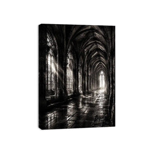 gothic cathedral hallway wall art canvas monochrome architecture dark academia decor black white artwork