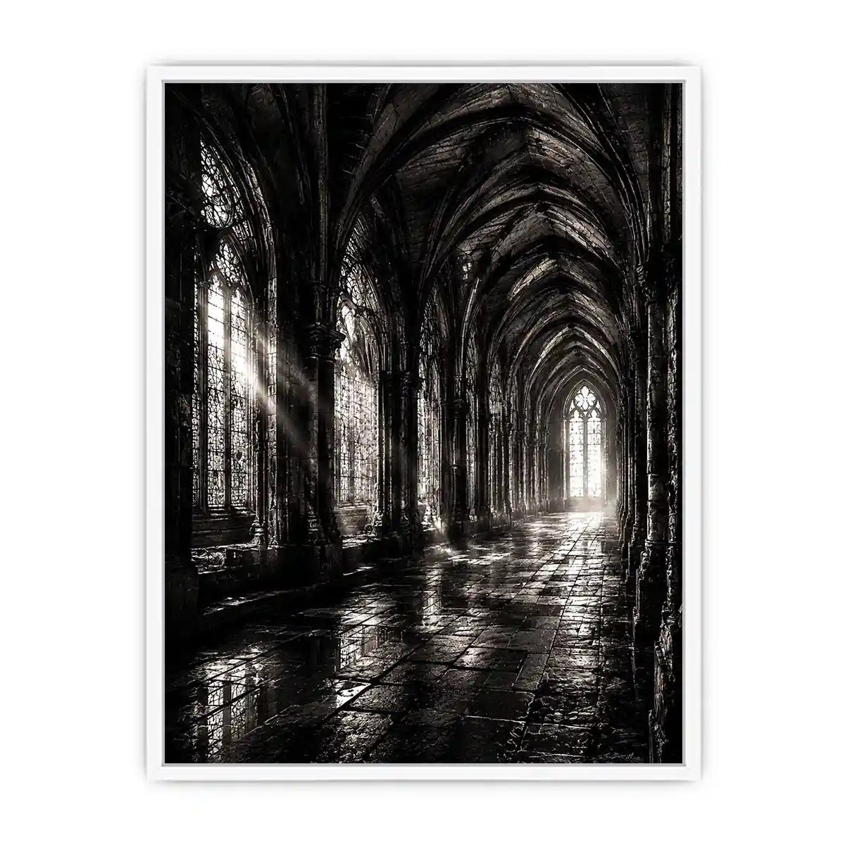 gothic cathedral hallway wall art canvas monochrome architecture dark academia decor black white artwork