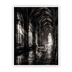 gothic cathedral hallway wall art canvas monochrome architecture dark academia decor black white artwork