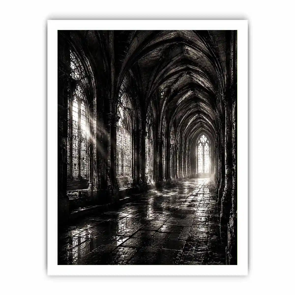 gothic cathedral hallway wall art canvas monochrome architecture dark academia decor black white artwork