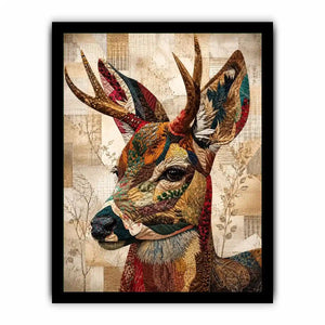 patchwork deer wall art boho woodland animal canvas textured collage neutral earthy decor artwork