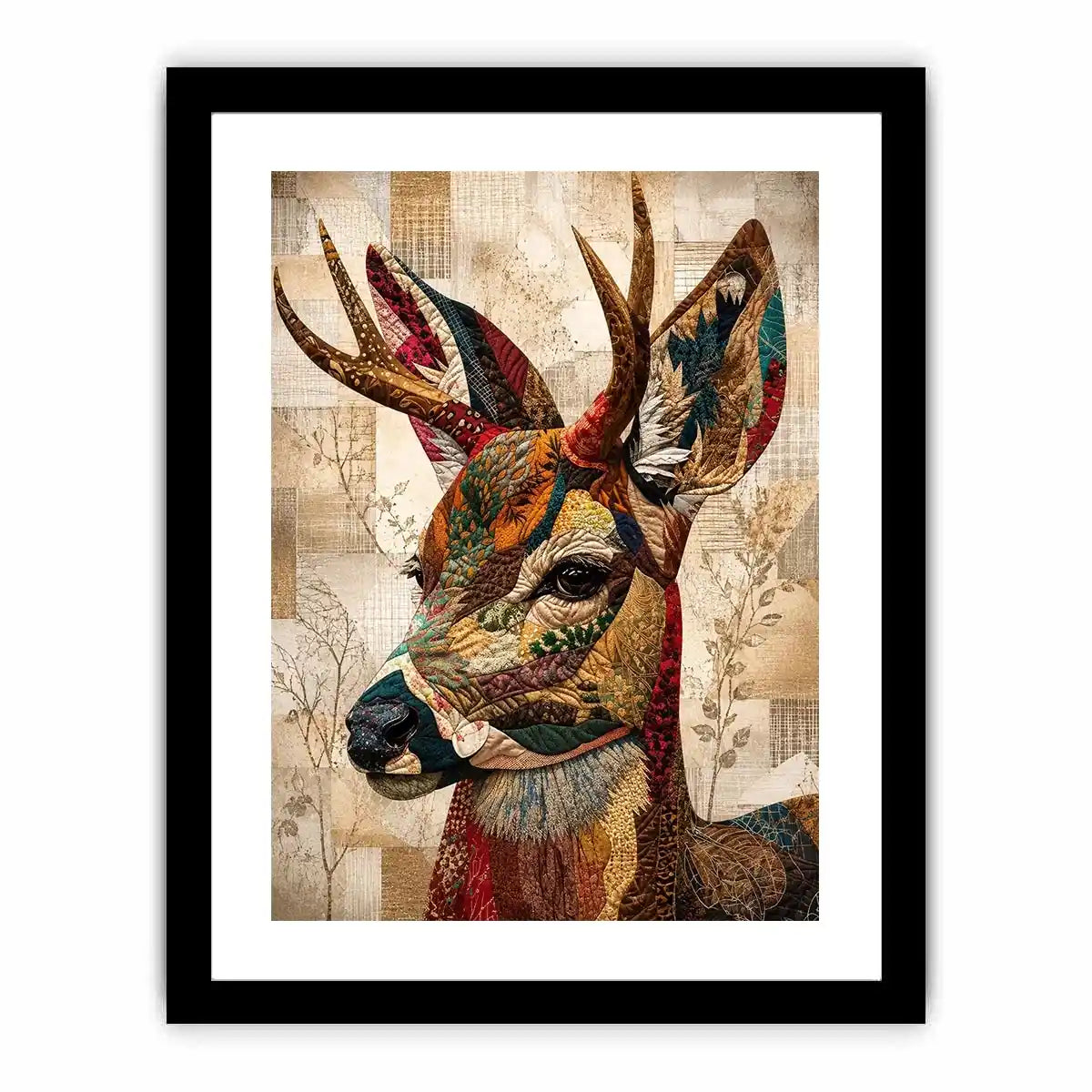 patchwork deer wall art boho woodland animal canvas textured collage neutral earthy decor artwork