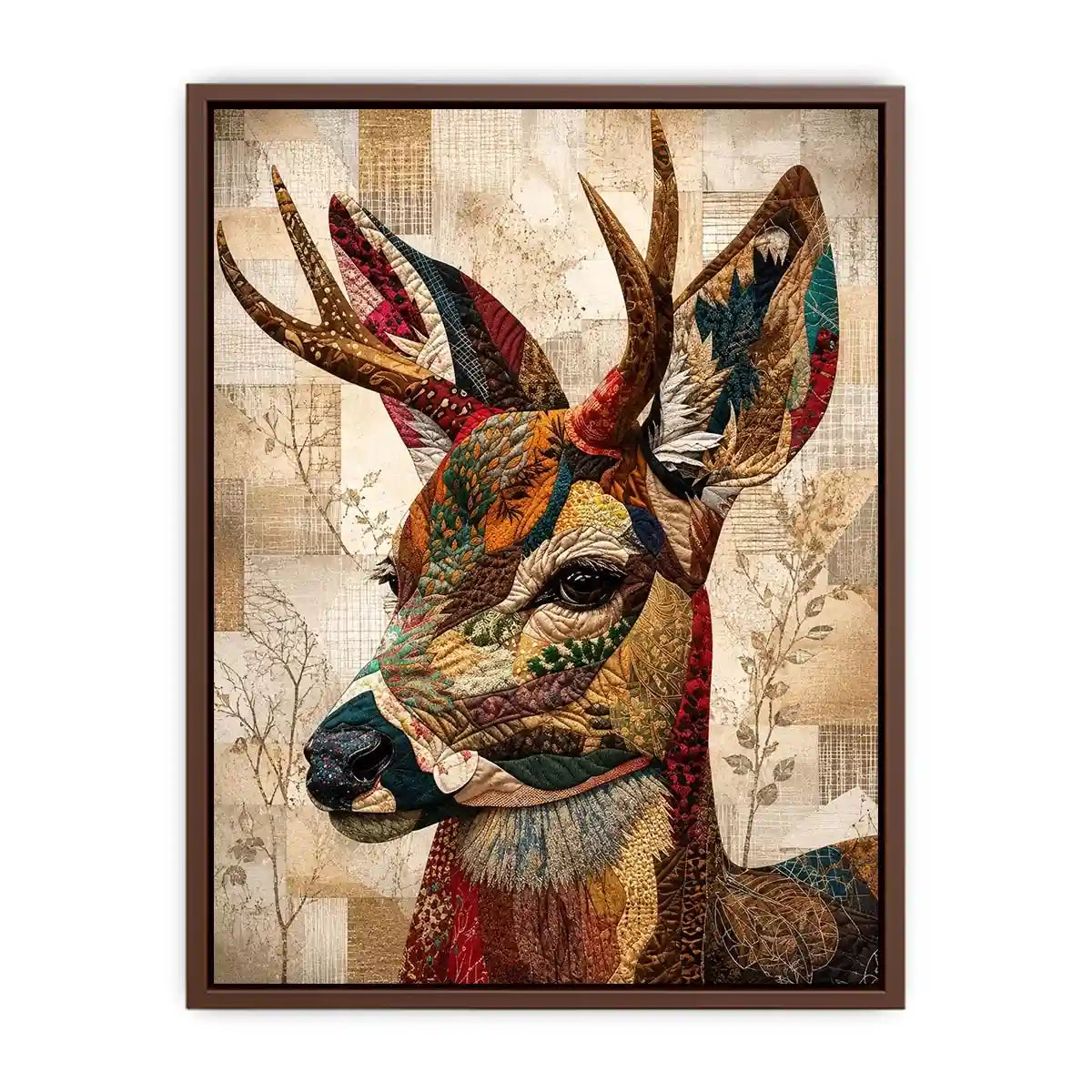 patchwork deer wall art boho woodland animal canvas textured collage neutral earthy decor artwork