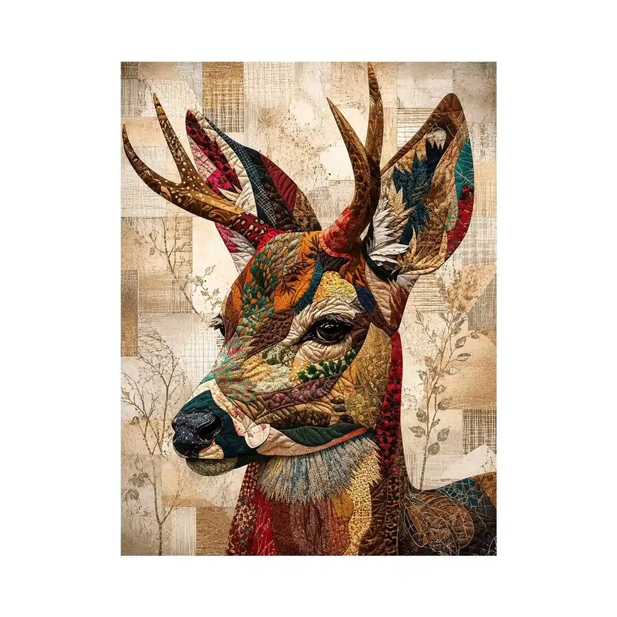 patchwork deer wall art boho woodland animal canvas textured collage neutral earthy decor artwork