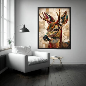 patchwork deer wall art boho woodland animal canvas textured collage neutral earthy decor artwork