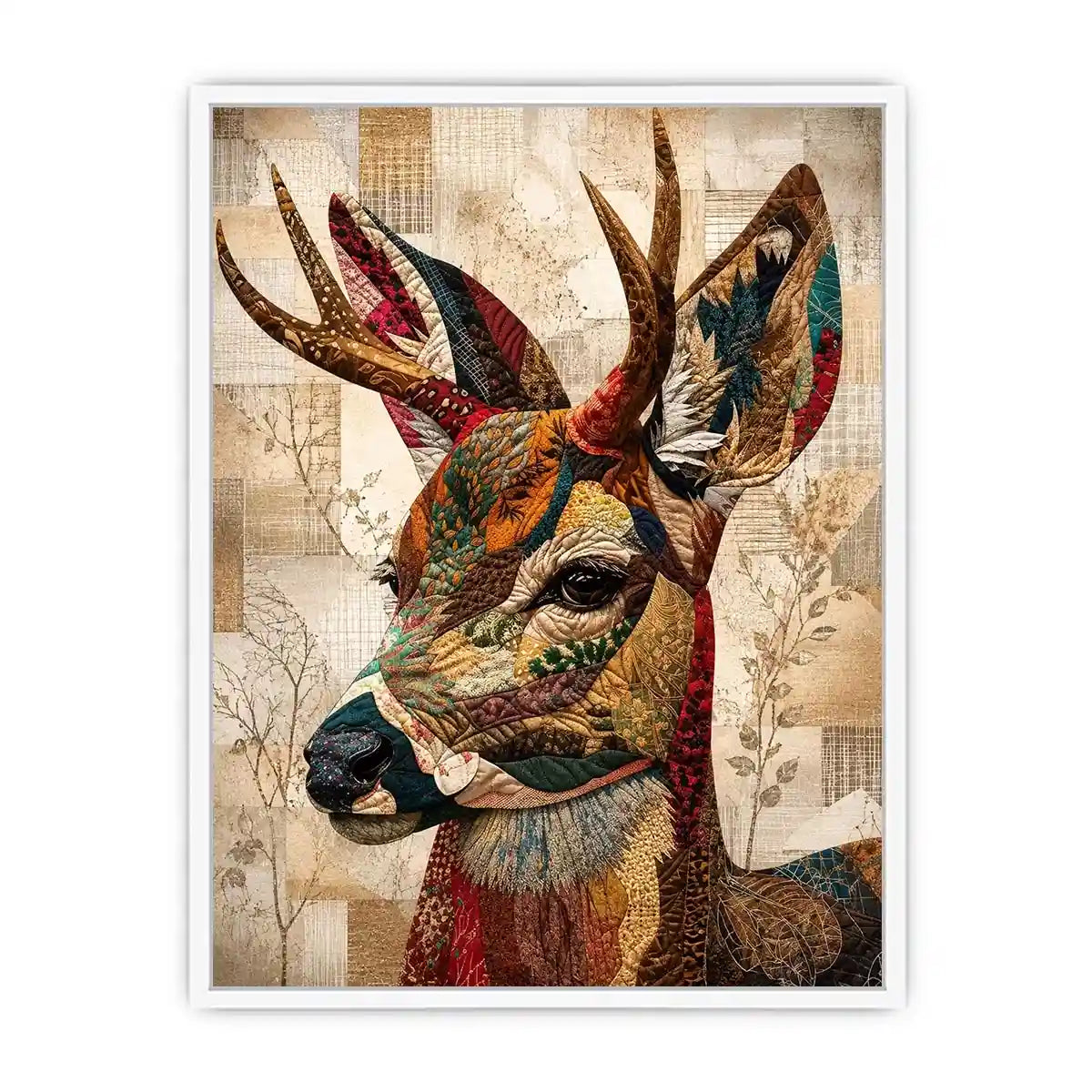 patchwork deer wall art boho woodland animal canvas textured collage neutral earthy decor artwork