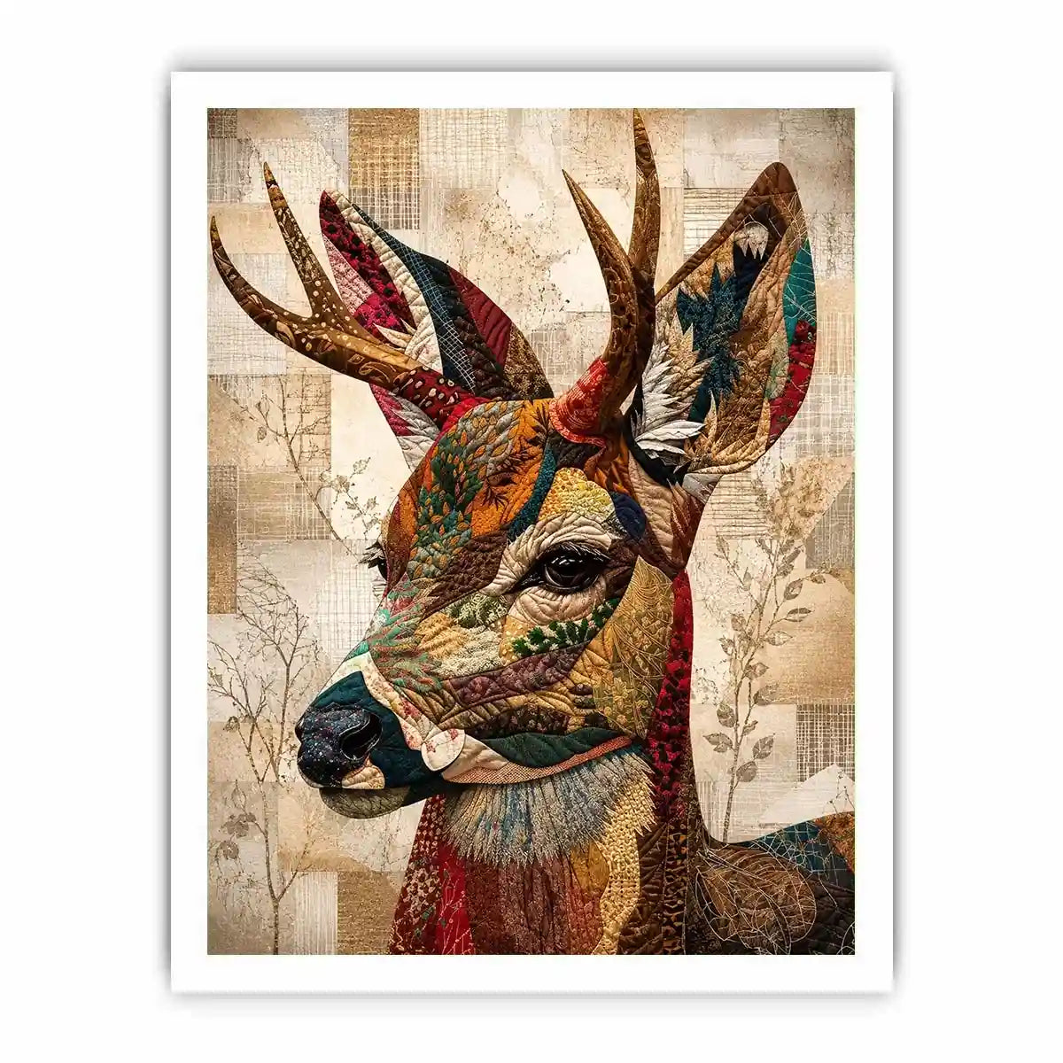 patchwork deer wall art boho woodland animal canvas textured collage neutral earthy decor artwork