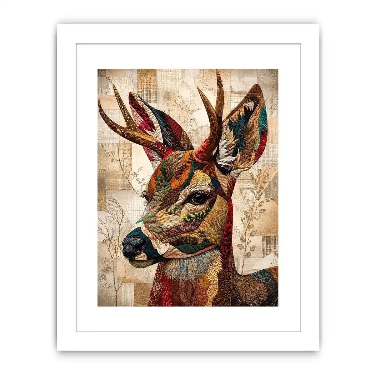 patchwork deer wall art boho woodland animal canvas textured collage neutral earthy decor artwork
