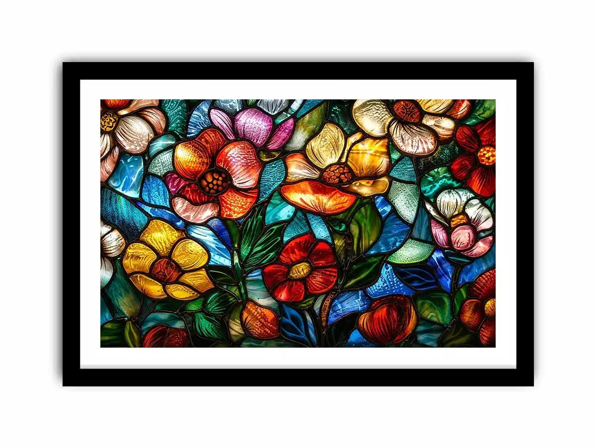 stained glass floral wall art colorful botanical mosaic canvas luxury modern decor artwork
