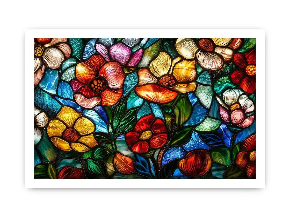 stained glass floral wall art colorful botanical mosaic canvas luxury modern decor artwork