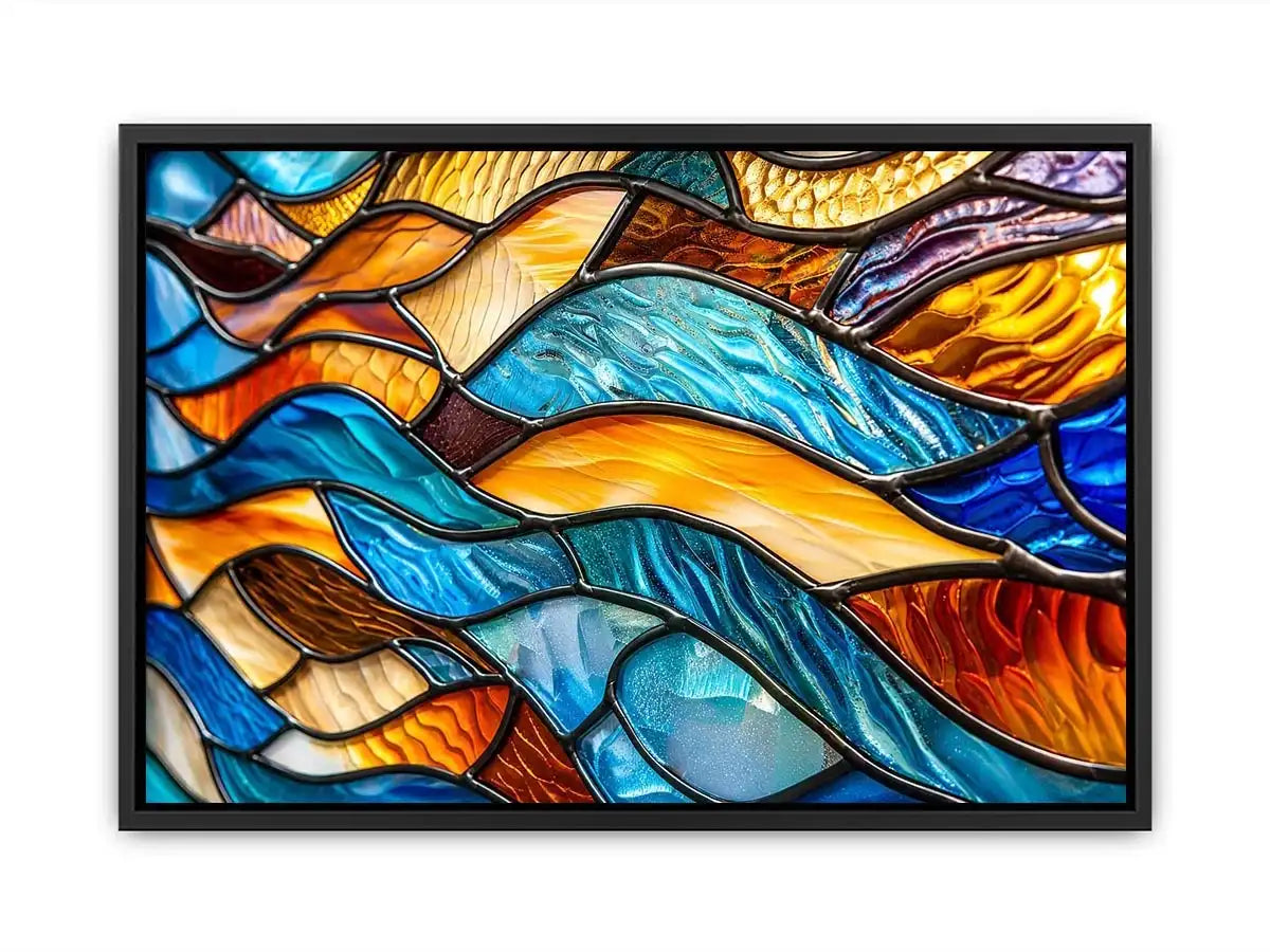 Bright abstract stained glass wall art with flowing blue orange and gold mosaic textures for luxury modern interiors