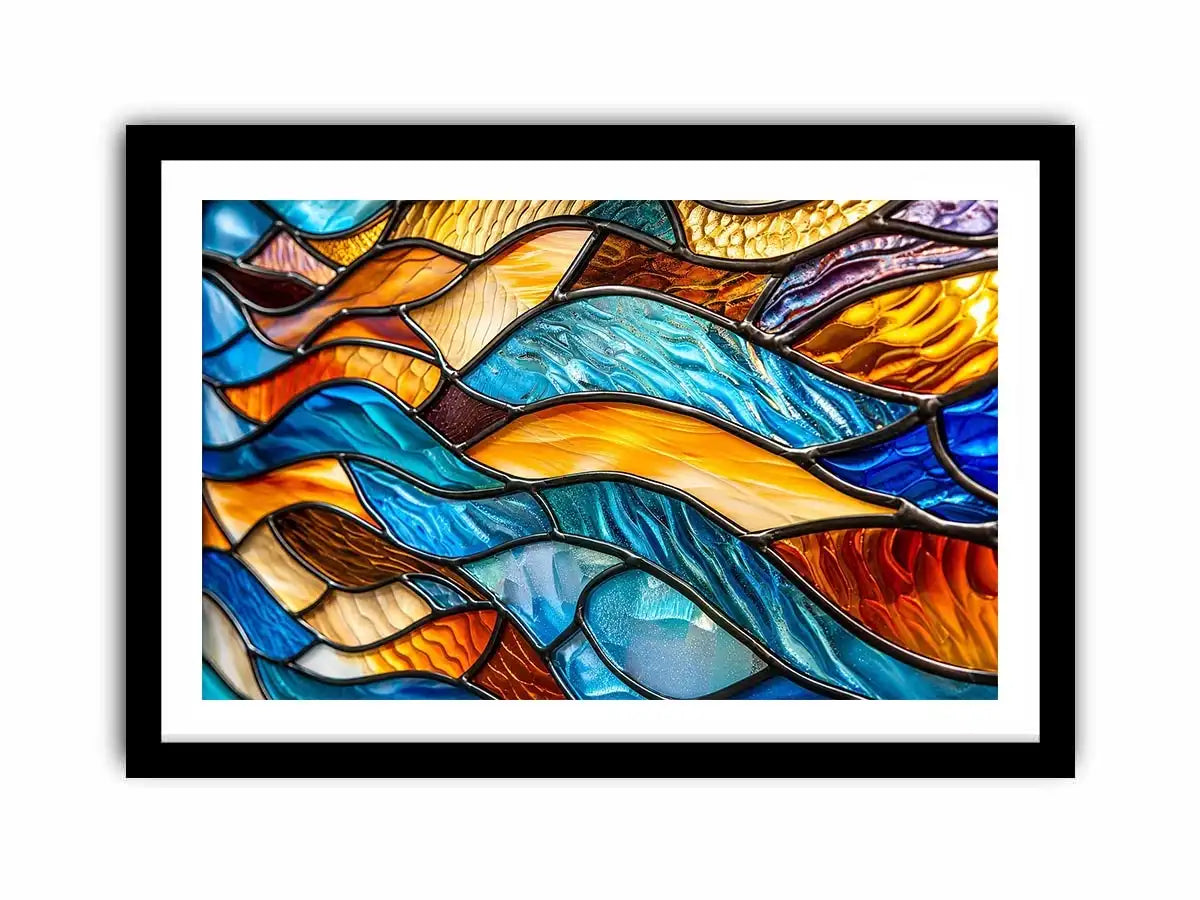 Bright abstract stained glass wall art with flowing blue orange and gold mosaic textures for luxury modern interiors