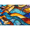 Bright abstract stained glass wall art with flowing blue orange and gold mosaic textures for luxury modern interiors